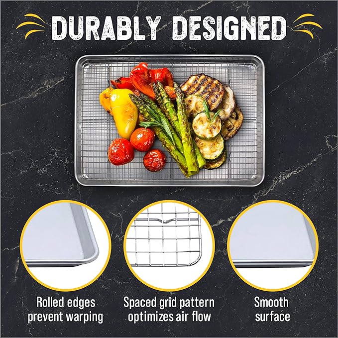 Baking Sheet, 2 Pack Half Sheet Pan with Stainless Steel Wire Rack Set - Easy Clean Cookie Sheets for Baking