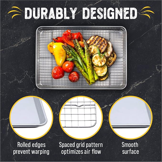 Baking Sheet Pan and Cooling Rack - Half Sheet, 18" x 13" Aluminum Cookie Sheets and Stainless Steel Wire Rack for Baking